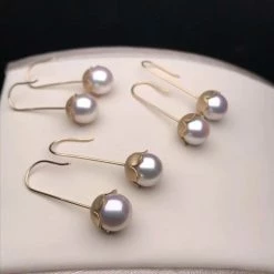 Takaramonobr Convallaria Majalis 7.5-8.0 Mm White Akoya Pearl Dangle Earrings Mounted 18K Yellow Gold