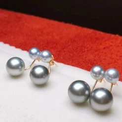 Takaramonobr Double Pearls Series | Tahitian Silver Blue & Akoya Pearl Stud Earrings In 18K Gold Akoya Pearls