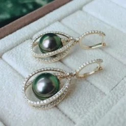 Takaramonobr Infinity Love 9.0-10.0 Mm Tahitian Peacock Pearl Dangle Earrings Mounted On 18K Gold With Diamonds Different Pearl Type In Same Style