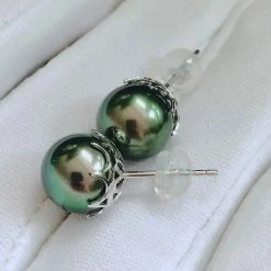 Takaramonobr 9.0-10.0 Mm AAA Tahitian Deep Green Pearl Stud Earrings In 18K White Gold