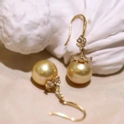 Takaramonobr Different Pearl Type In Same Style Ripples 10.0-11.0 Mm Golden South Sea Pearl & Diamond Dangle Earrings In Gold