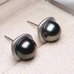 Takaramonobr Halo 9.0-10.0 Mm Black Tahitian Pearl Stud Earrings Mounted On 18K White Gold Black Pearls