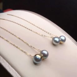 Takaramonobr 7.5-8.0 Mm Japanese Silver-Blue Akoya Pearl Threader Earrings In 18K Gold Akoya Pearls