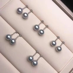 Takaramonobr 7.5-8.0 Mm Silver Blue Akoya Pearl Dangle Earrings Mounted On 18K Gold