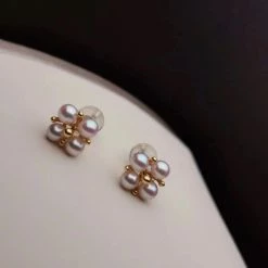 Takaramonobr Akoya Pearls Four Petal Rosette Round White Baby Pearl Earring Studs In Gold