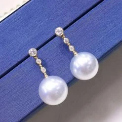 Takaramonobr Glistening 9.0-10.0 Mm White South Sea Pearl Earrings In 18K Gold With Diamond