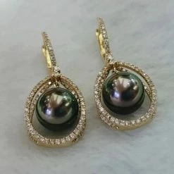 Takaramonobr Infinity Love 9.0-10.0 Mm Tahitian Peacock Pearl Dangle Earrings Mounted On 18K Gold With Diamonds Different Pearl Type In Same Style