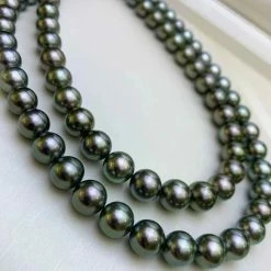 Takaramonobr 16 Inch Choker 8.0-10.0 Mm Round Black Green Tahitian Pearl Necklace