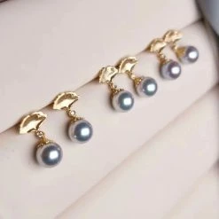 Takaramonobr Akoya Pearls Ginkgo Leaf 8.0-8.5 Mm Silver-Blue Round Akoya Pearl Earrings With Diamond In 18K Gold