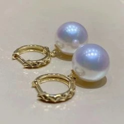 Takaramonobr 9.0-9.5 Mm White Akoya Pearl Dangle Earrings In 18k Rhomboid Gold Akoya Pearls