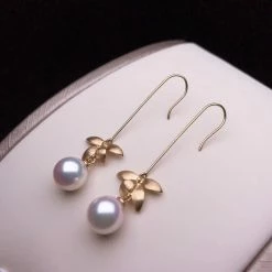 Takaramonobr G18k Orchid Design Akoya Dangle Pearl Earrings In Pinched Wire Craft, 8.5-9.0 Mm Akoya Pearls