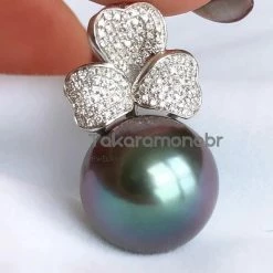 Takaramonobr Clover 12.0-14.0 Mm Tahitian Purplish Black Pearl & Diamond Earrings/Pendant In 18K White Gold Different Pearl Type In Same Style