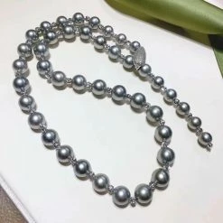 Takaramonobr Blue Pearls 24 Inch Matinee Length 8.0-11.0 Mm Round Tahitian Silver Blue Pearl Rosary Necklace