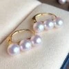 Takaramonobr Akoya Pearls 5.0-5.5 Mm White Akoya Tri-Pearl Pearl Hoops Earrings Mounted On 18K Gold