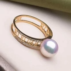 Takaramonobr Pave Set Pearl & Diamonds Ring, 8.0-8.5 Mm Japanese White Akoya
