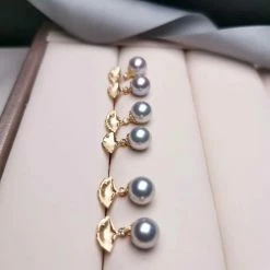 Takaramonobr Akoya Pearls Ginkgo Leaf 8.0-8.5 Mm Silver-Blue Round Akoya Pearl Earrings With Diamond In 18K Gold