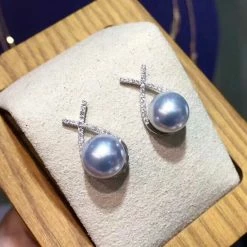 Takaramonobr X Collection 8.0-8.5mm Silver-Blue Akoya Pearl Earrings In 18K Gold With Diamonds Akoya Pearls