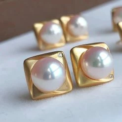 Takaramonobr Abstract Akoya Pearl Stud Earrings With Diamonds In Gold, 7.0-7.5 Mm Akoya Pearls