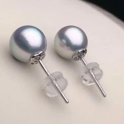 Takaramonobr 8.0-8.5 Mm AAA Silver-Blue Akoya Round Pearl Stud Earrings Mounted On Solid 18-Karat White Gold Akoya Pearls