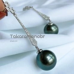 Takaramonobr 12.0-13.0 Mm Pave Diamond Tahitian Pearl Drop Earrings