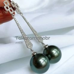 Takaramonobr 12.0-13.0 Mm Pave Diamond Tahitian Pearl Drop Earrings