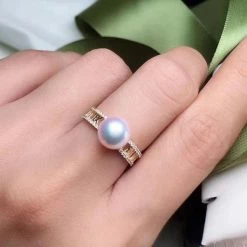 Takaramonobr Pave Set Pearl & Diamonds Ring, 8.0-8.5 Mm Japanese White Akoya