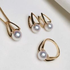 Takaramonobr Akoya Pearls Pyramid Collection 8.0-8.5 Mm White Japanese Akoya Pearl & Diamond Stud Earrings/Pendant/Ring/Sets