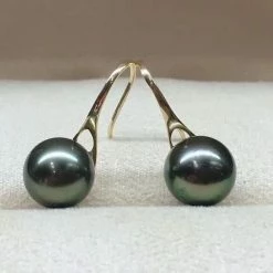 Takaramonobr Fixed Short French Hook Pearl Earrings, 8.0-9.0mm Tahitian Black Green Pearl Earrings Black Pearls