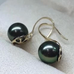 Takaramonobr Fixed Short French Hook Pearl Earrings, 8.0-9.0mm Tahitian Black Green Pearl Earrings Black Pearls