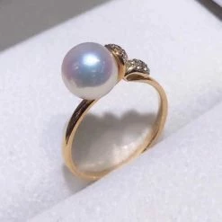 Takaramonobr Akoya Pearls Sprout 7.5-8.0 Mm White Akoya Pearl & Diamond Ring In 18K Yellow Gold