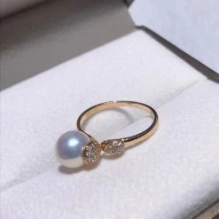Takaramonobr Akoya Pearls Sprout 7.5-8.0 Mm White Akoya Pearl & Diamond Ring In 18K Yellow Gold