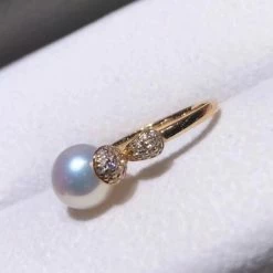 Takaramonobr Akoya Pearls Sprout 7.5-8.0 Mm White Akoya Pearl & Diamond Ring In 18K Yellow Gold