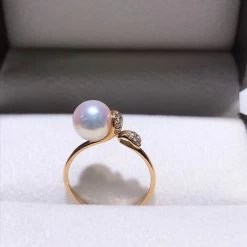 Takaramonobr Akoya Pearls Sprout 7.5-8.0 Mm White Akoya Pearl & Diamond Ring In 18K Yellow Gold