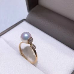 Takaramonobr Akoya Pearls Sprout 7.5-8.0 Mm White Akoya Pearl & Diamond Ring In 18K Yellow Gold
