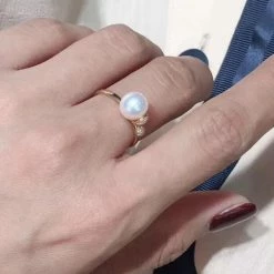 Takaramonobr Akoya Pearls Sprout 7.5-8.0 Mm White Akoya Pearl & Diamond Ring In 18K Yellow Gold