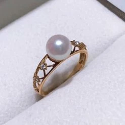 Takaramonobr Akoya Pearls Princess 7.0-7.5 Mm White Akoya Pearl & Diamond Ring In 18K Yellow Gold