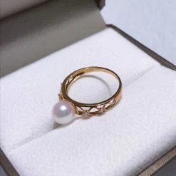 Takaramonobr Akoya Pearls Princess 7.0-7.5 Mm White Akoya Pearl & Diamond Ring In 18K Yellow Gold