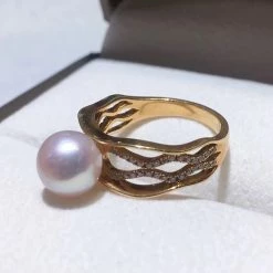 Takaramonobr Textured Interwoven 8.0-8.5 Mm White Akoya Pearl & Diamond Ring In 18K Yellow Gold