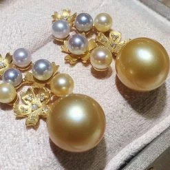 Takaramonobr Akoya Pearls Multiple Pearls Cluster 10.0-11.0 Mm Akoya & Golden South Sea Pearl & Diamond Earrings