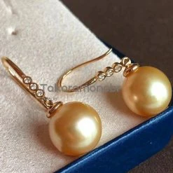 Takaramonobr Articulated Tapered Diamond And French Hook Pearl Earrings, 10.0-11.0 Mm Golden South Sea Pearl