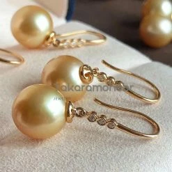 Takaramonobr Articulated Tapered Diamond And French Hook Pearl Earrings, 10.0-11.0 Mm Golden South Sea Pearl