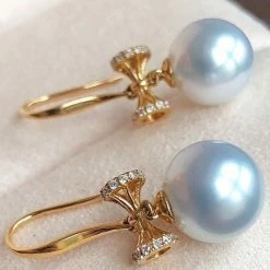 Takaramonobr Different Pearl Type In Same Style Passion 9.0-10.0 Mm White South Sea Pearl & Diamond Dangle Earrings In Gold