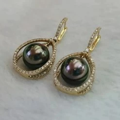 Takaramonobr Infinity Love 9.0-10.0 Mm Tahitian Peacock Pearl Dangle Earrings Mounted On 18K Gold With Diamonds Different Pearl Type In Same Style