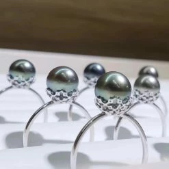 Takaramonobr 7.0-8.0 Mm AAA Tahitian Black Pearl Ring In 18-Karat White Gold Black Pearls