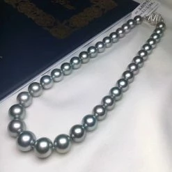 Takaramonobr PLATINUM BLACK | 11.0-14.0 Mm Silver Blue Round Tahitian South Sea Pearl Necklace | PSL Certificate
