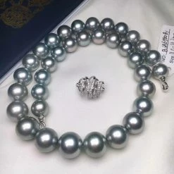 Takaramonobr PLATINUM BLACK | 11.0-14.0 Mm Silver Blue Round Tahitian South Sea Pearl Necklace | PSL Certificate