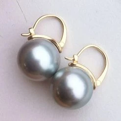 Takaramonobr Tahitian Silver Blue Pearl Drop Earrings Mounted On 18-Karat Yellow Gold, 13.0-14.0 Mm Blue Pearls