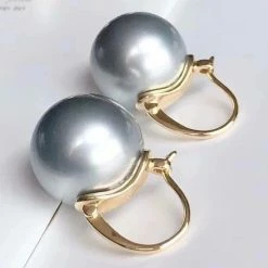 Takaramonobr Tahitian Silver Blue Pearl Drop Earrings Mounted On 18-Karat Yellow Gold, 13.0-14.0 Mm Blue Pearls