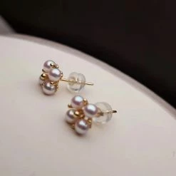 Takaramonobr Akoya Pearls Four Petal Rosette Round White Baby Pearl Earring Studs In Gold