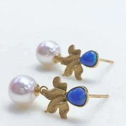 Takaramonobr 7.0-7.5 Mm White Round Akoya Pearl & Opal Octopus Dangle Earrings Akoya Pearls